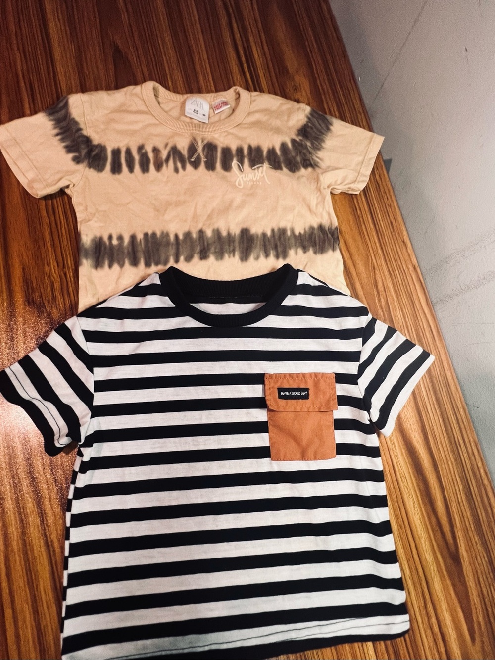 Zara Black & White Striped Tee with Tan Chest Pocket
